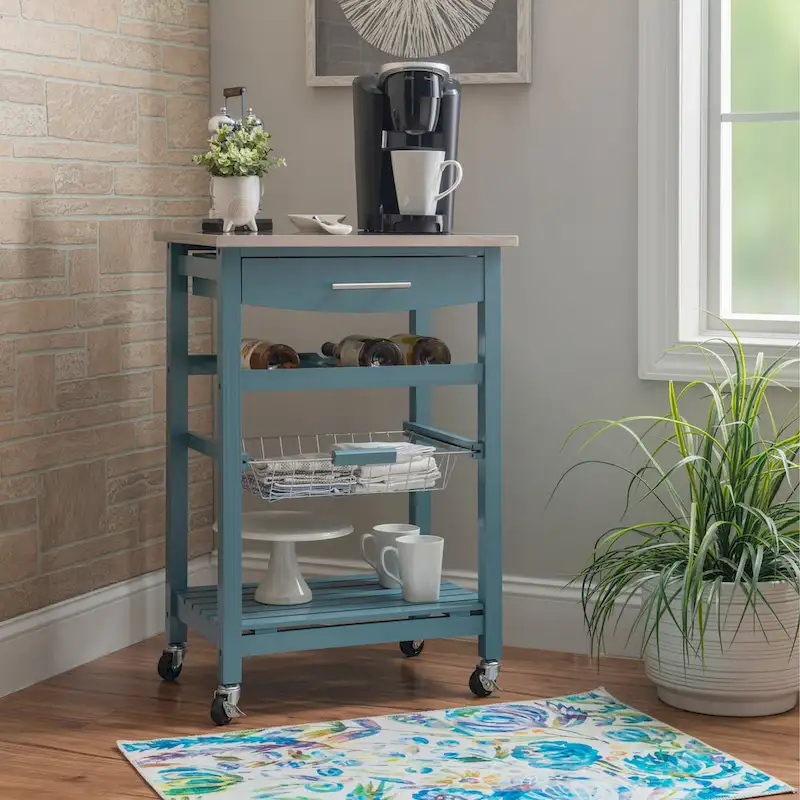 Compact Rolling Kitchen Cart, Granite or Stainless Steel Top, 1 Drawer, 4-Bottle Wine Rack, Wire Basket, Bottom Shelf, Locking Casters, Pine, Green / White / Grey / Natural / Wenge / Blue / Red, 1-Person Use