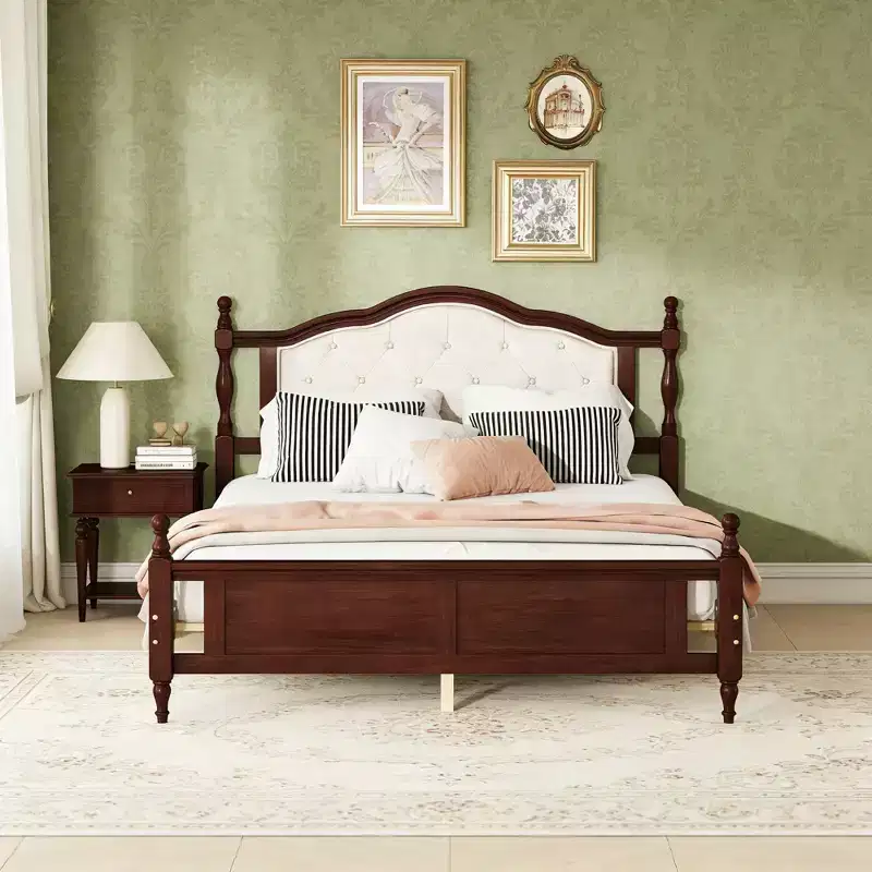Luxystar Queen Size Vintage Platform Bed with Upholstered Headboard and Panel Footboard
