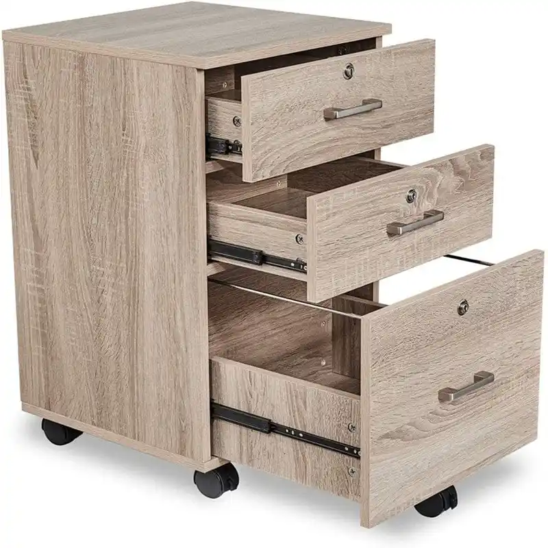 3-Drawer Rolling Wood File Cabinet with Lock