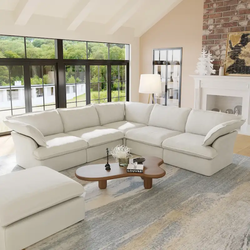 L-shape Linen Sofa Modern Upholstered Sectional Sofa with Ottoman