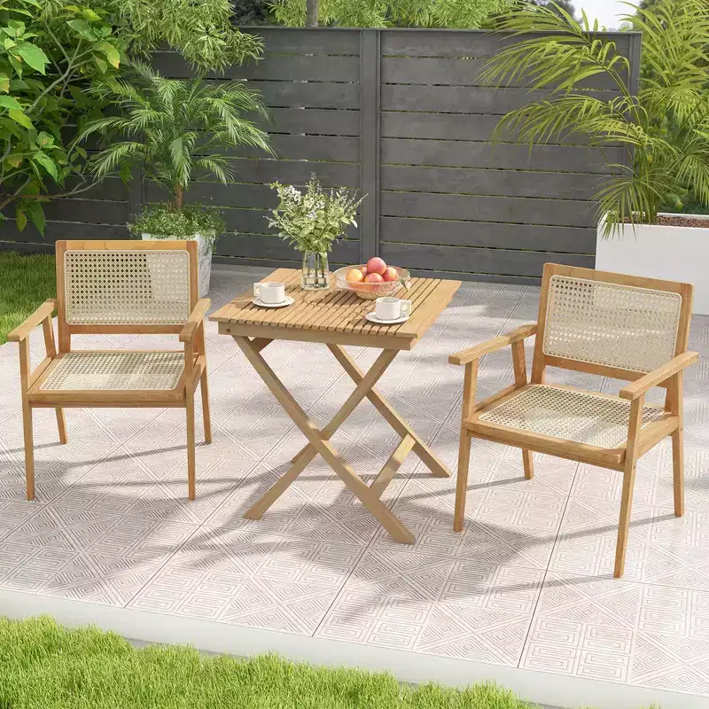 Costway 3 Pieces Patio Table Chair Set Wood Bistro Set with Natural Rattan Seat & Indonesia Teak Wood Frame
