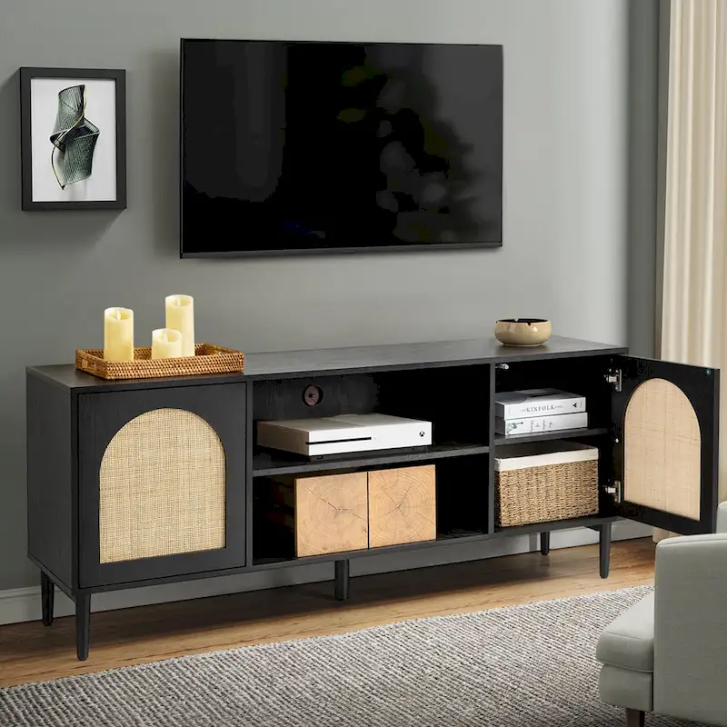 Modern Rattan TV Stand Entertainment Center with Push-to-Open Doors
