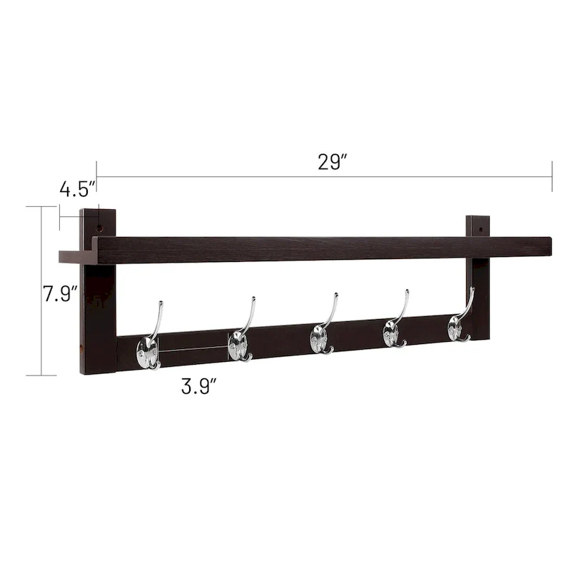 Coat Hooks Set of 4 with Shelf Wall-Mounted, Bamboo Hanging Shelf with 5 Double Metal Hooks (Dark Brown)