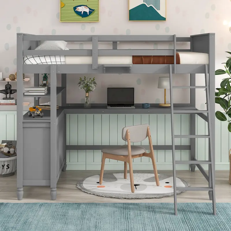 Full Size Loft Bed, Desk, Drawers & Shelves, Guardrail, 14 Slats, Plywood & Pine, Gray / White / Espresso, 1-Person Use