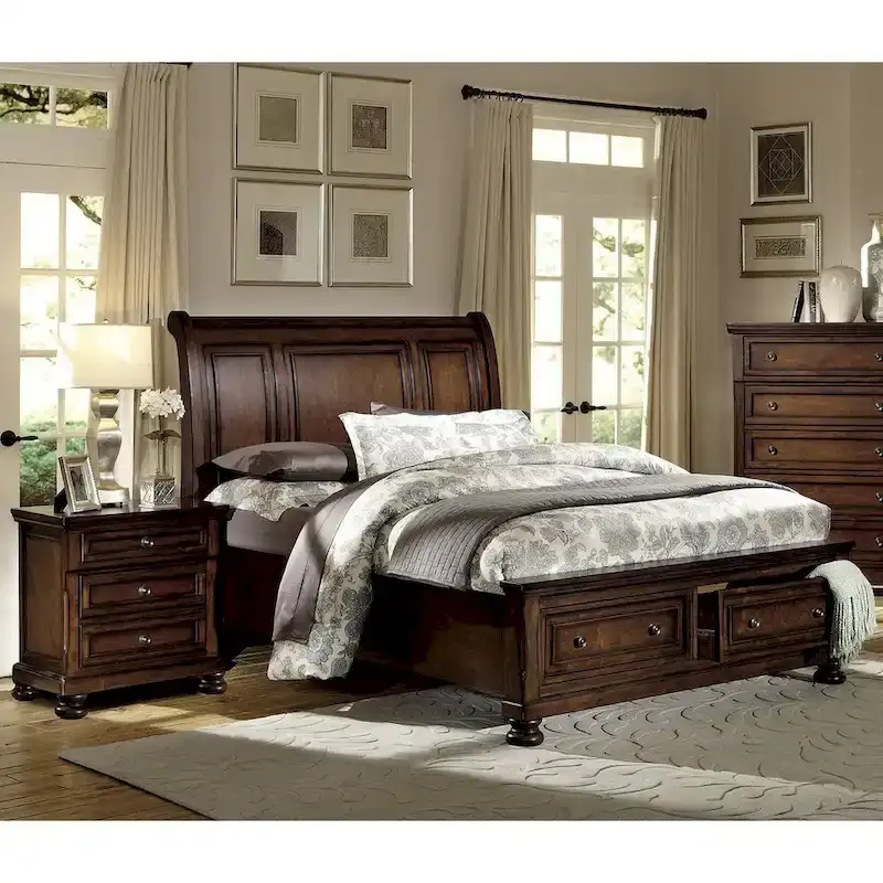 Brown Cherry Finish 3pc Bedroom Set Platform Storage Bed and Two Nightstands