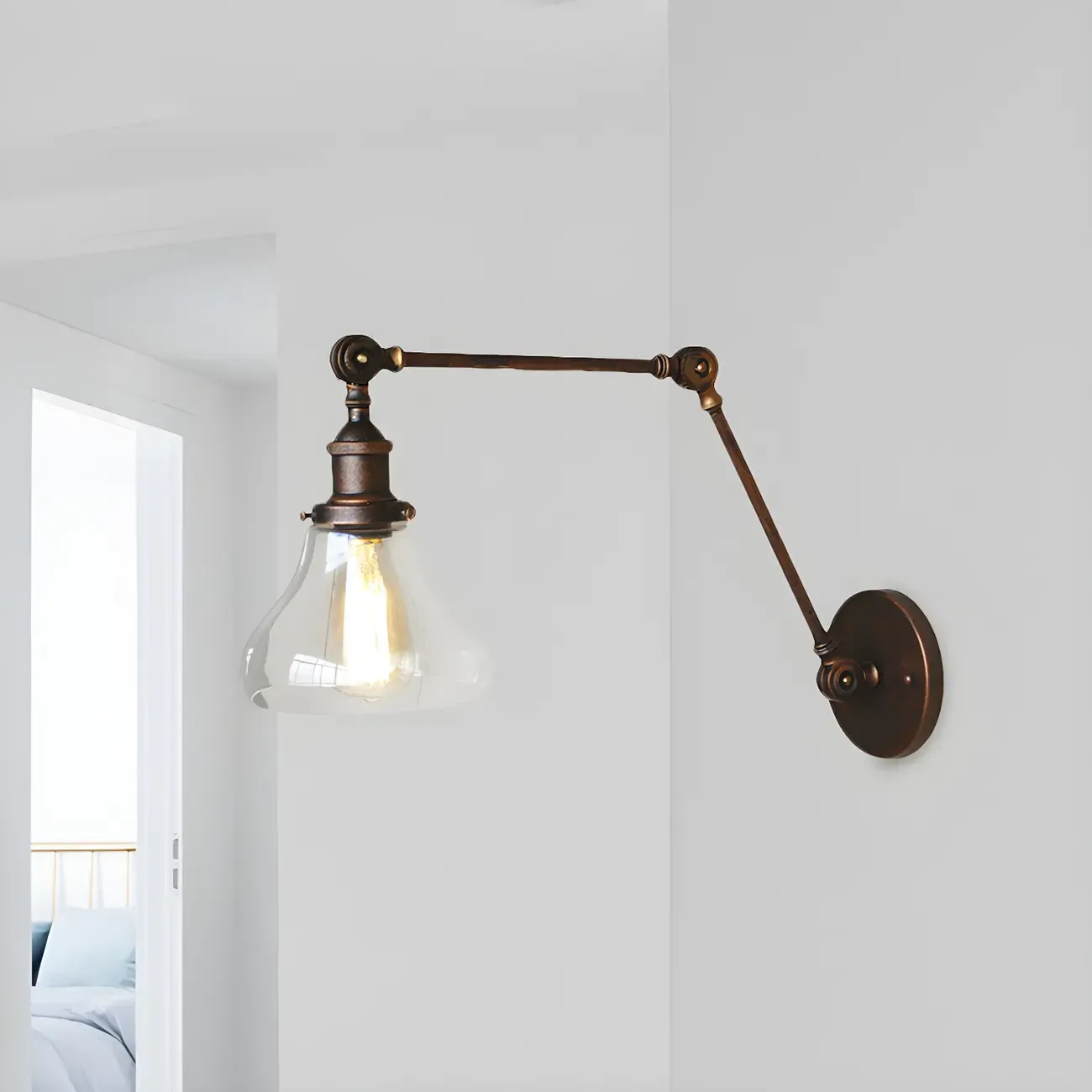 Clear Glass Pear Shade Rustic Metal Swing Arm Wall Light