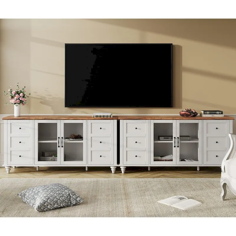 WAMPAT Farmhouse TV Stand with Storage Cabinet, Glass and Wood Entertainment Center Console Table