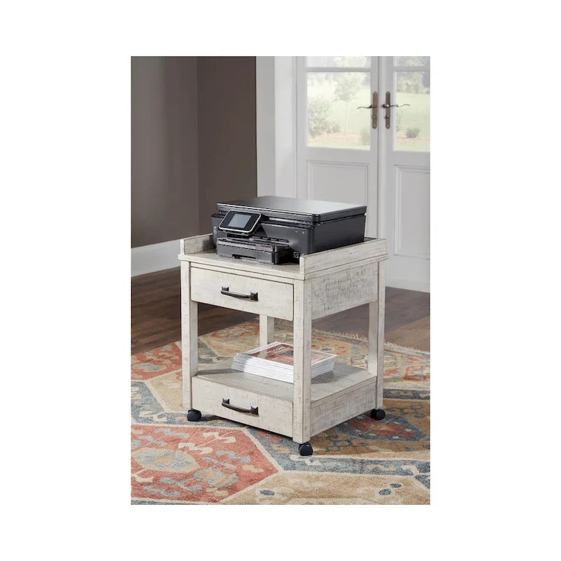 Distressed White Printer Stand with Drawers & Casters – 1 Person