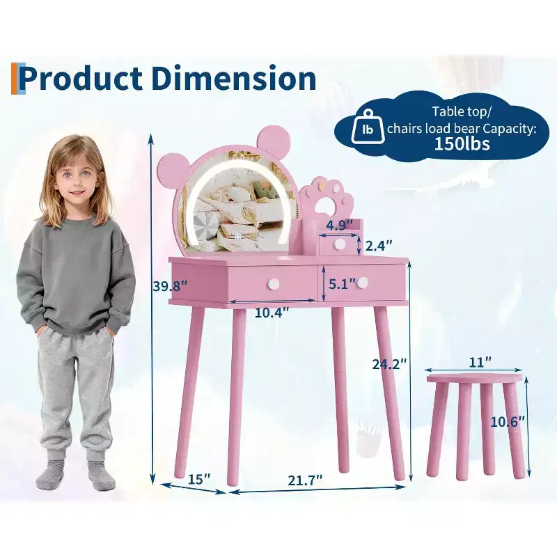 Kids Vanity Set with Lights,Bear-Shaped Make Up Vanity Desk with Mirror&Stool,Wooden Princess Toddler Make Up Table Set for Bedroom