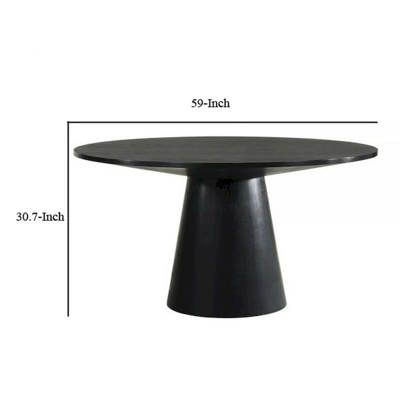 Fin 59 Inch Dining Table, Round Surface, Pedestal Base, Rubberwood, Black