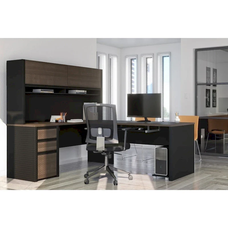 Bestar Connexion 72W L-Shaped Desk with Hutch and Pedestal