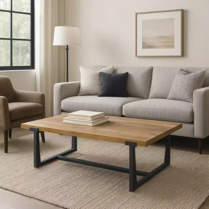 Royal Hampton 48 Coffee Table | Handmade Aluminum Cast Black Frame | Solid Mango Wood Top