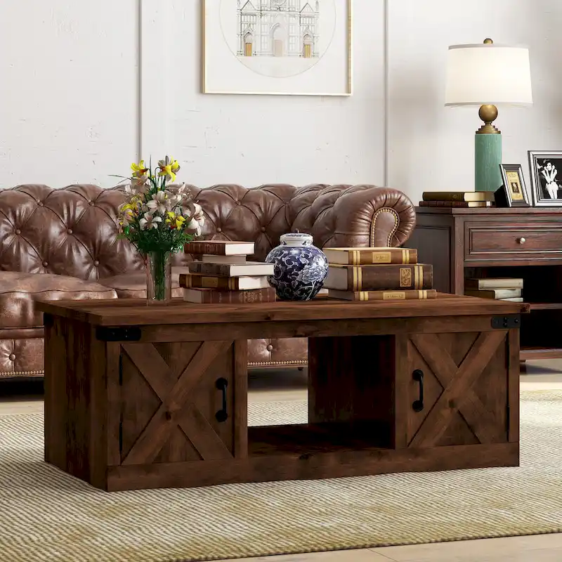 Farmhouse 48 Inch Coffee Table, No Assembly Required, Aged Whiskey Finish