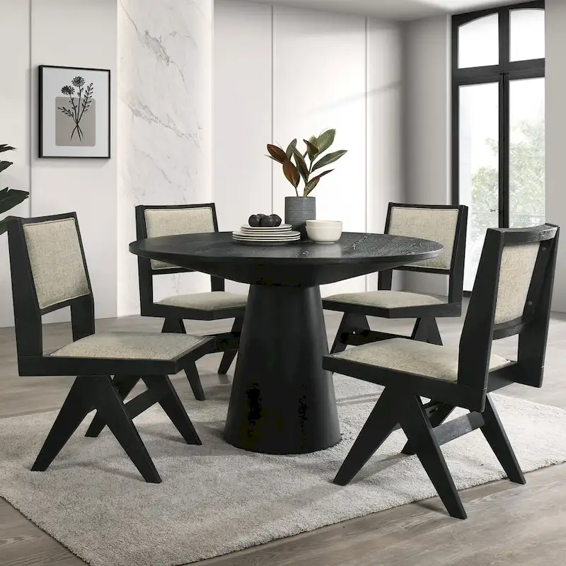Evrena Modern 5-Piece Black Solid Wood 48-inch Round Dining Set