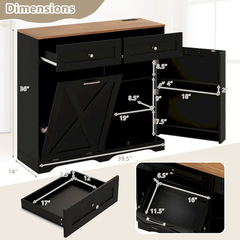 Gymax Tilt Out Trash Can Cabinet w/ Outlets 2 Drawers Adjustable Shelf