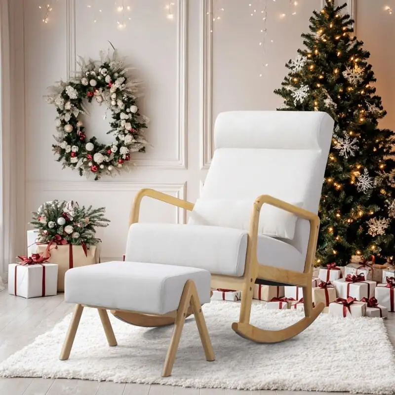 EROMMY 25.2 Wide Reclining Rocker Chair with Ottoman - High Back Rocking Chair, Soft Linen Fabric, Ergonomic Design