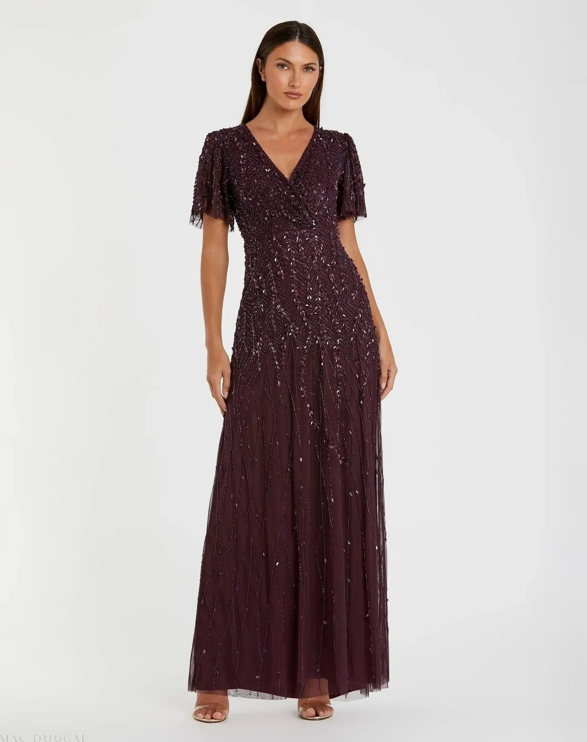 Purple Embellished Flutter Sleeve Gown