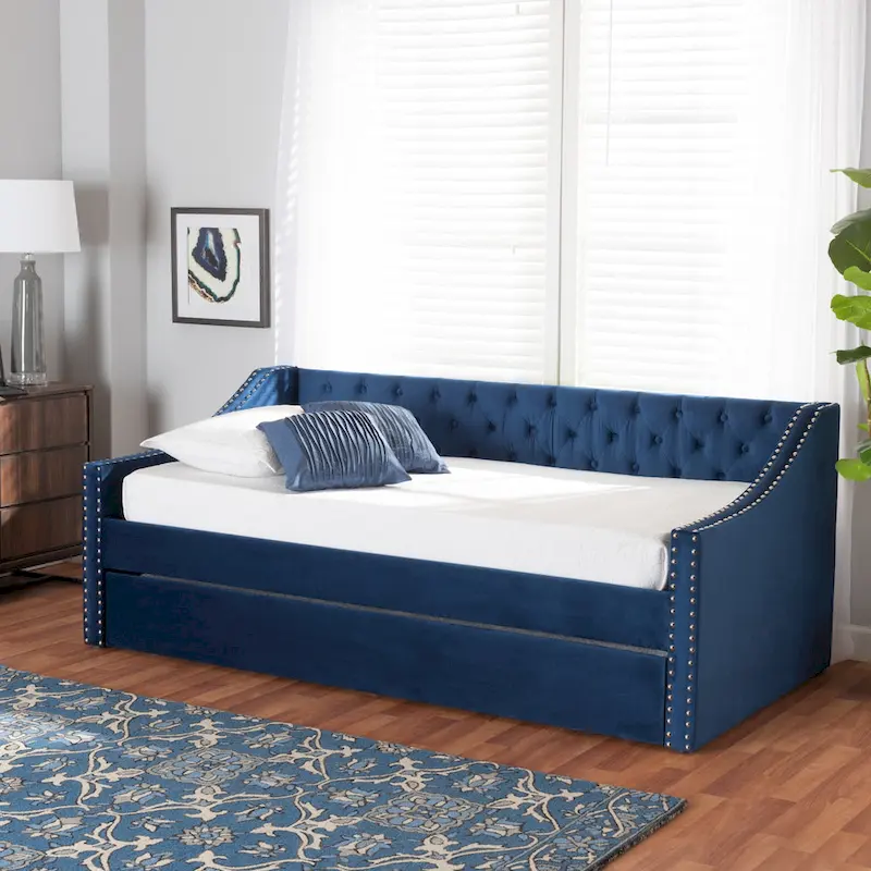 Pink / Navy / Grey Velvet Tufted Daybed with Pull-Out Trundle, Sleeps 2, Contemporary Style