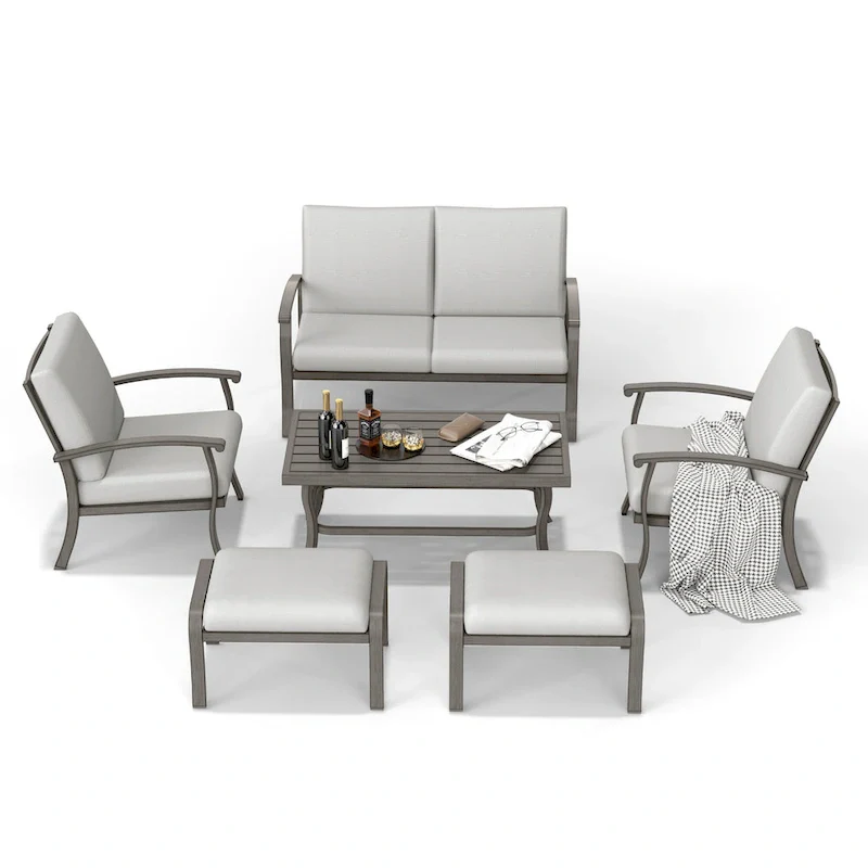 6-Piece Aluminum Patio Conversation Set with Coffee Table, Loveseat, Ottoman and Light Gray Cushions