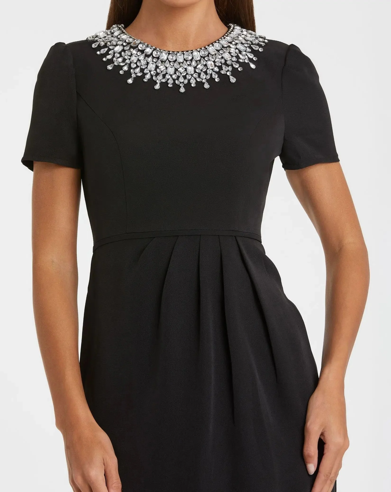 Black Short Sleeve Rhinestone Neckline Sheath Dress