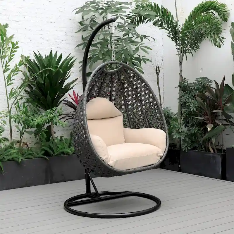 LeisureMod Charcoal Single Seater Rattan Wicker Egg Swing Hanging Chair for Indoor Outdoor Patio Porch Backyard Garden