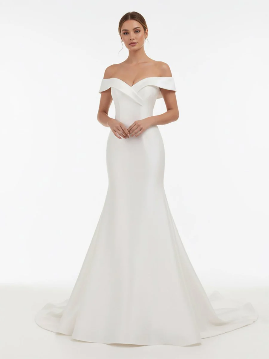 Chic Satin Off the Shoulder Sleeveless Sweep-Train Bridal Dress