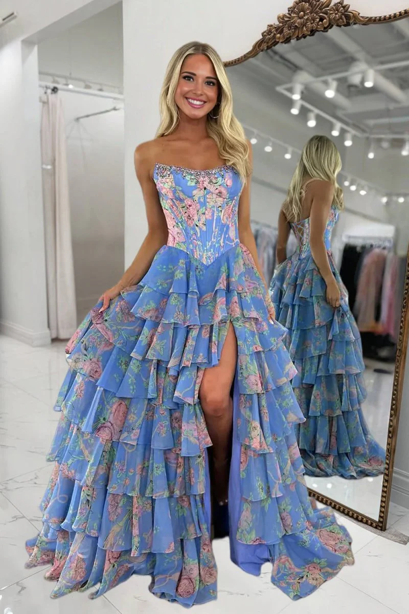 Periwinkle - Scoop Neck A Line Floral Chiffon Ruffled Prom Dresses With Beading