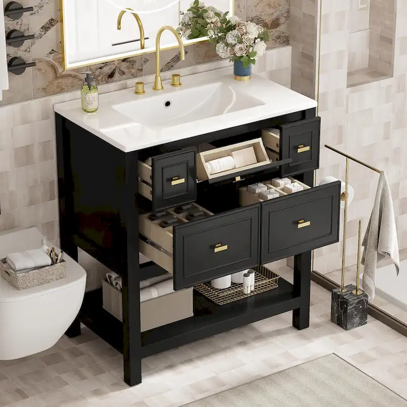 30 Bathroom Vanity with Ceramic Sink Combo, Free Standing Single Vanity Set with 5 Drawers