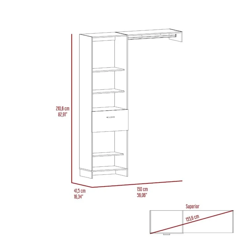 TUHOME Manchester 150 Closet System with Metal Rod, 5 Open Shelves, and 1 Drawer - N/A
