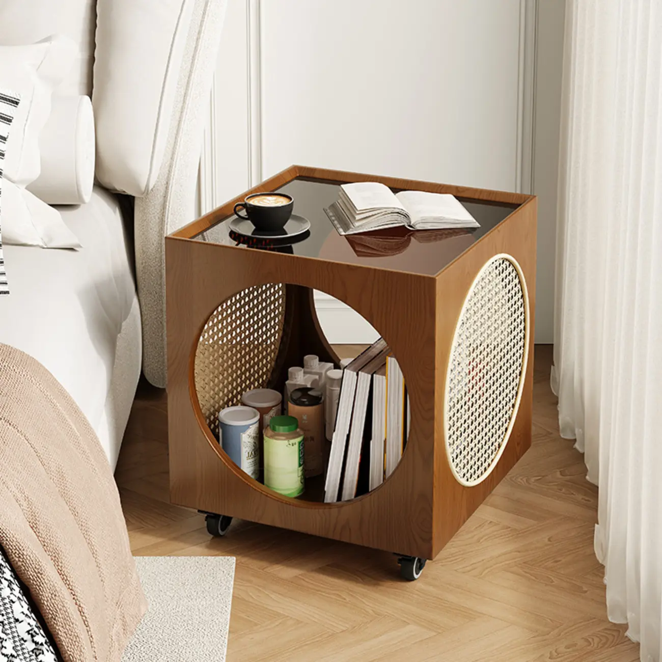 Mid-Century Modern Rolling Glasstop Square Wood Side Table