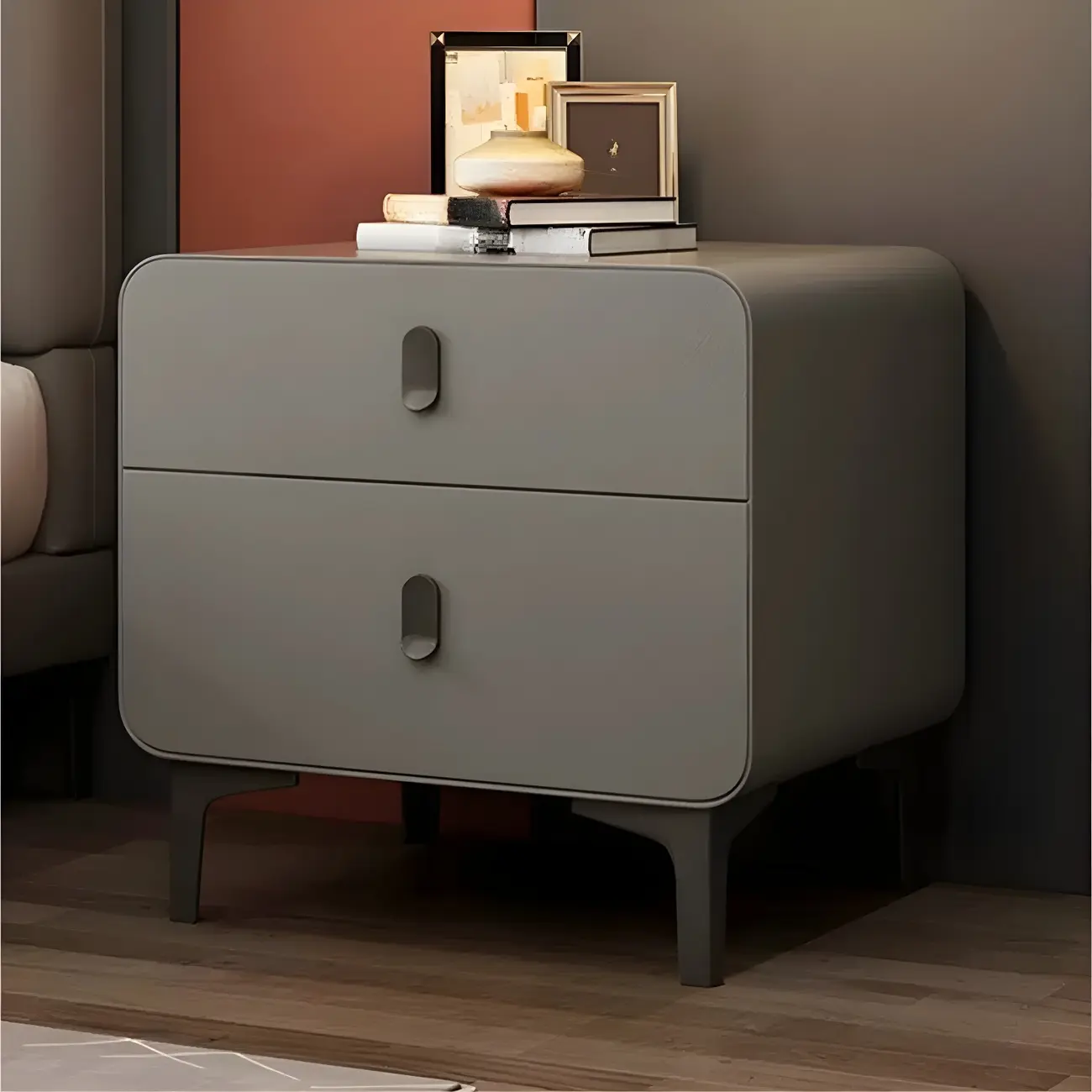 Freestanding Leather Arched Edge White Nightstand with Drawers