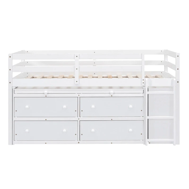 White Twin Size Solid Wood Loft Bed with Retractable Desk and Drawers