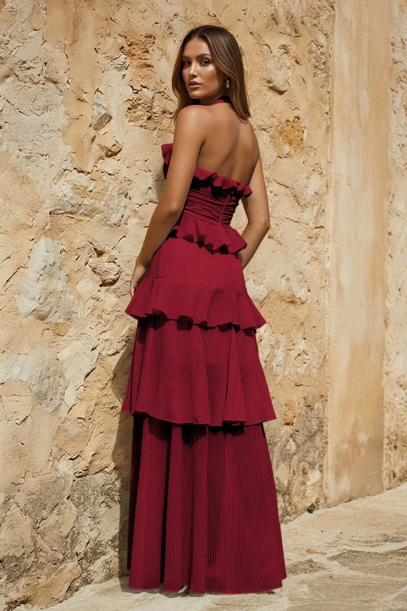 Sky Blue Halter Sheath Pleated Chiffon Long Prom Dresses With Ruffles