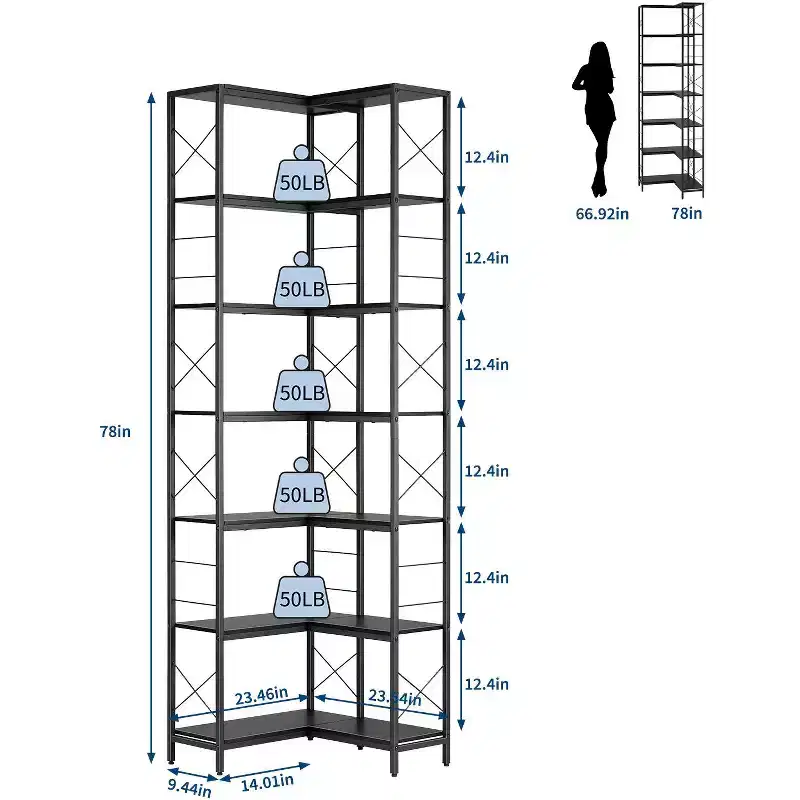 7 Tier Corner BookShelf,Wood and Metal Frame L Shaped Corner Bookcase,Freestanding Display Shelf for Living Room Kitchen, Home Office
