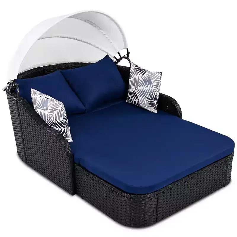 GDFStudio Sidney Patio Modern PE Rattan Double Chaise Lounge Daybed with Adjustable Canopy, Cushions and Pillows