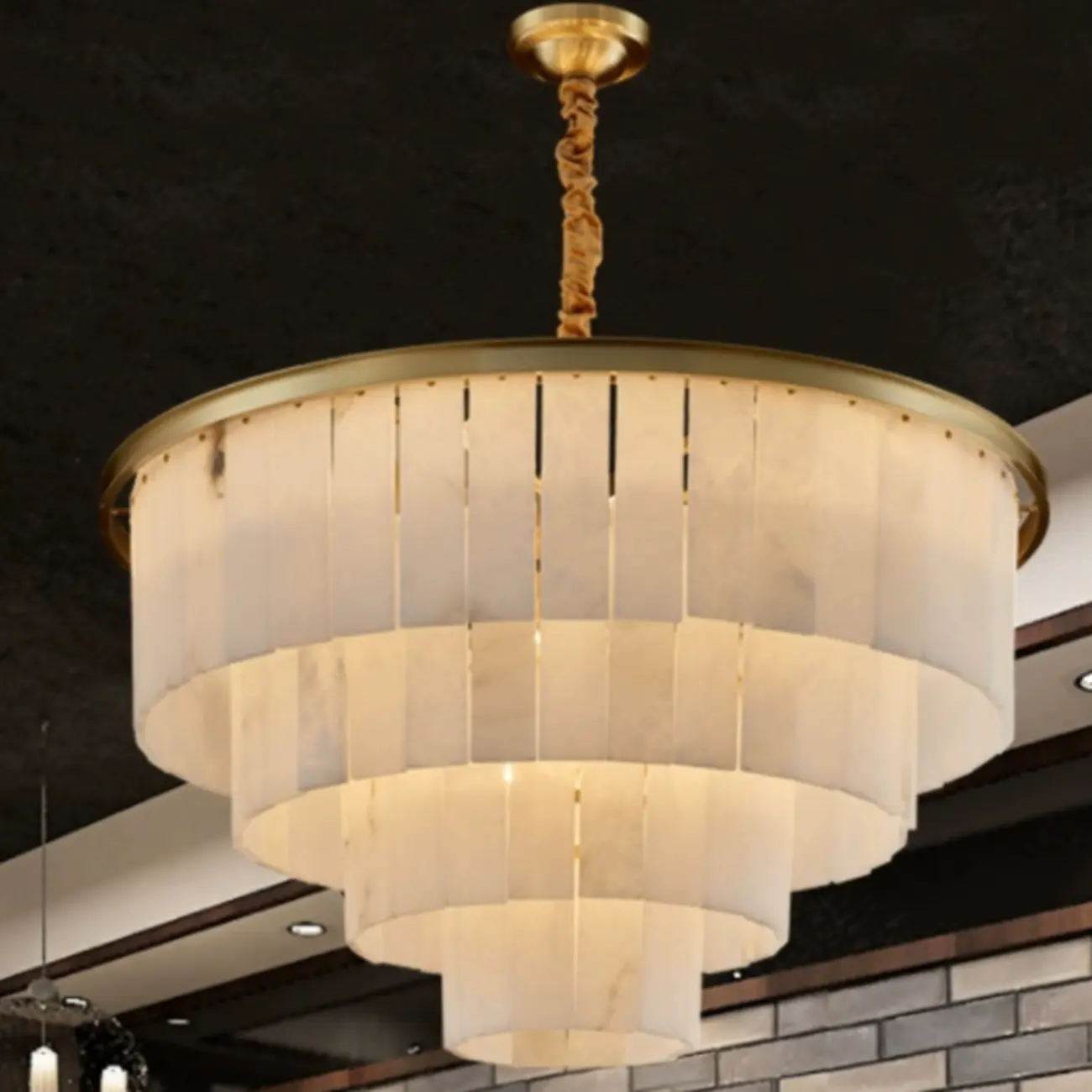 Classic Gold Tiered Circular Alabaster Chandelier