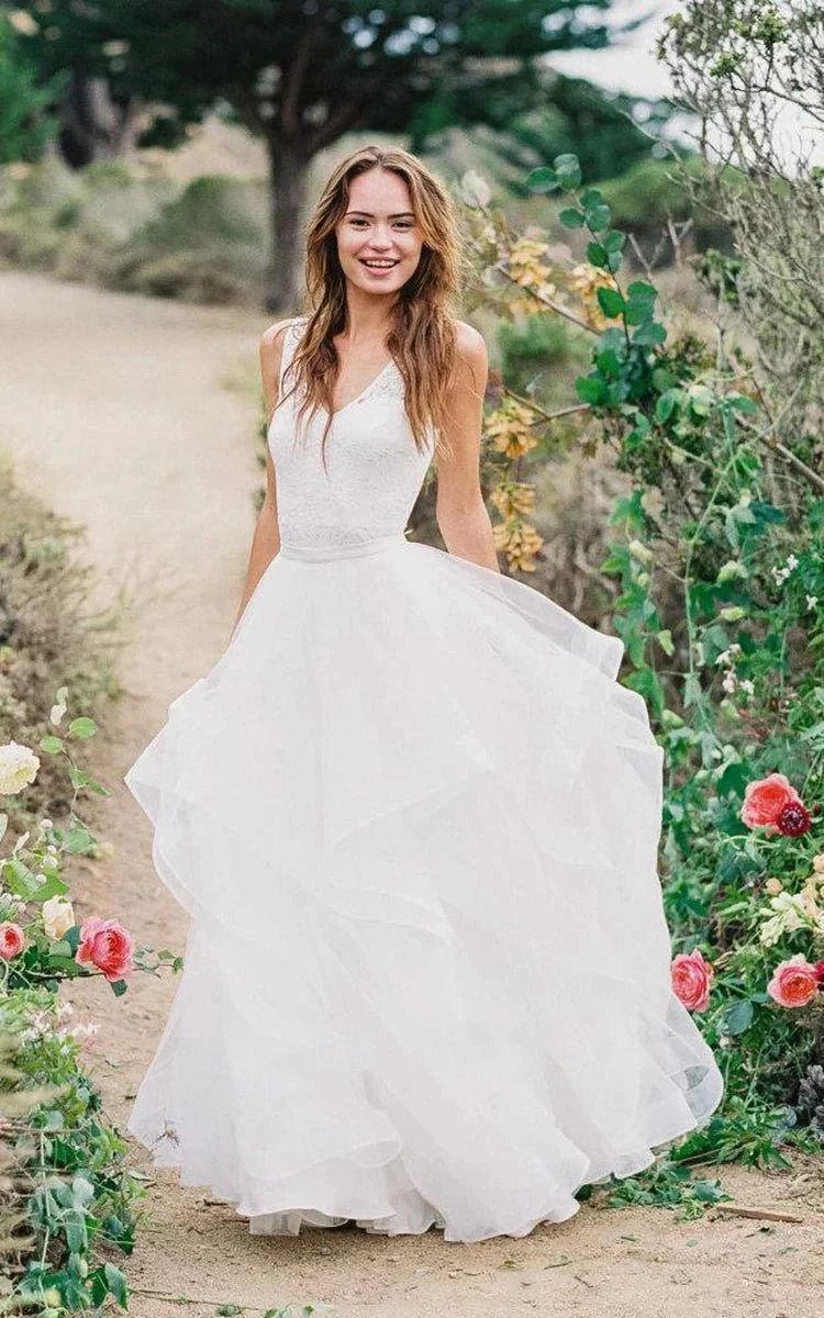 Multi Layered V-neck Tulle Wedding Dress With Ruffles