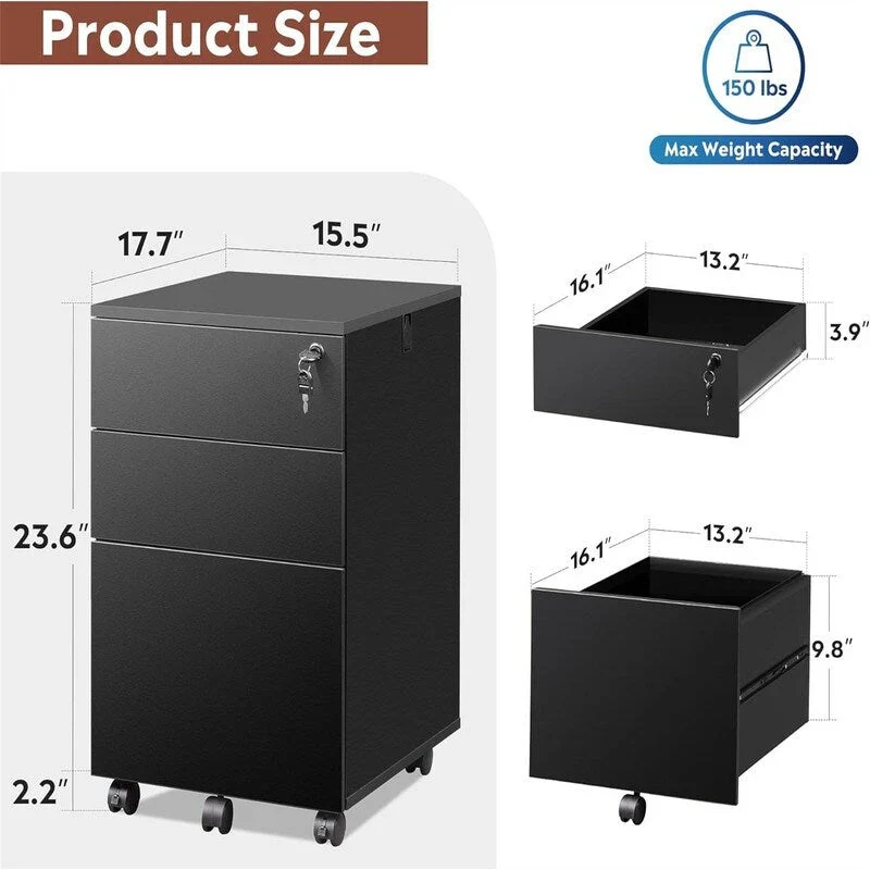 3 Drawer File Cabinet with Lock - 17.7 D x 15.5 W x 25.8 H