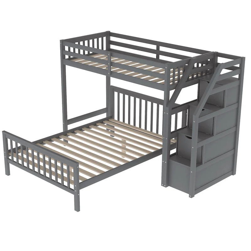 Twin Over Full Wood Loft Bed with Staircase,High Guardrails and Ladder
