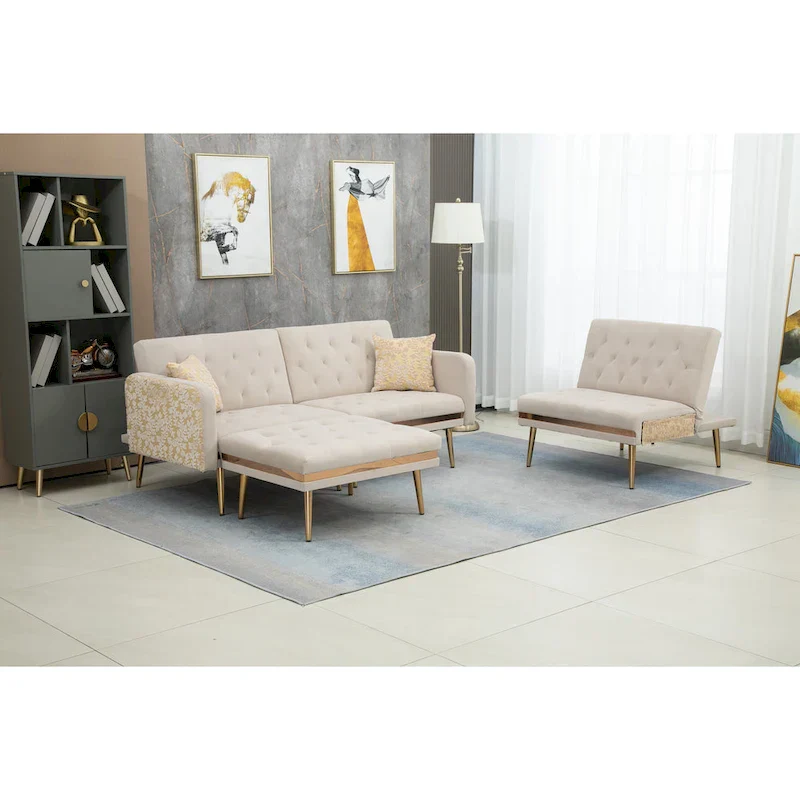 Polyester Upholstered Tufted Sleeper L-Shaped Sectional Sofa With Ottoman