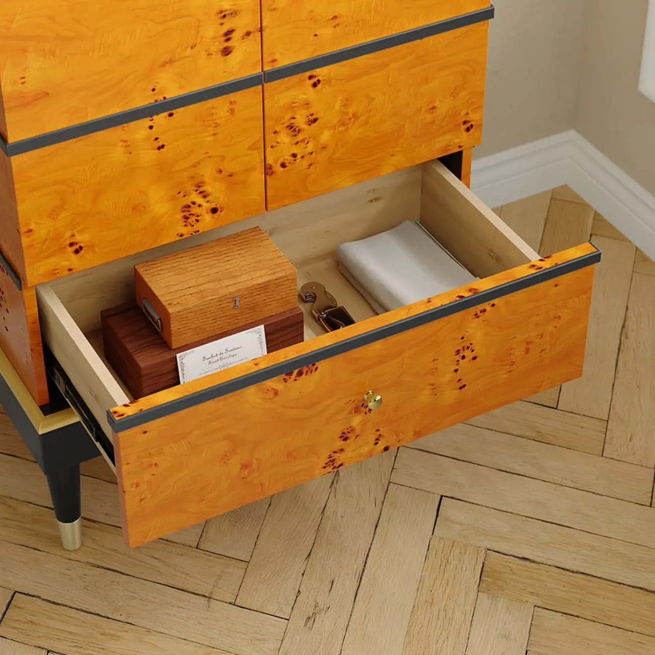 Rustic Burl wooden Drawer Wine Cabinet with Glass Rack