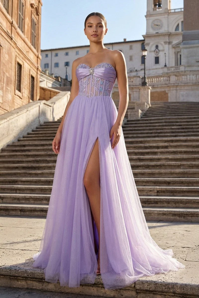 Lilac Strapless A Line Tulle Long Prom Dresses With Beading