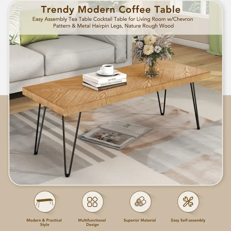Modern Coffee Table with Metal Legs - 19.60 x 43.30 x 17.80