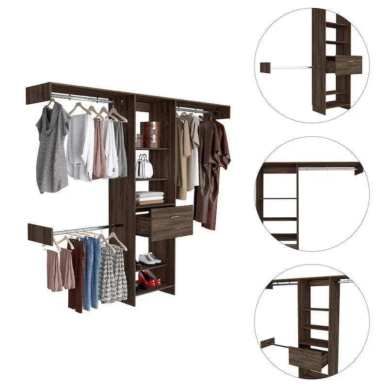 Cross Closet System with Drawer, 3 Metal Rods, and 5 Open Shelves