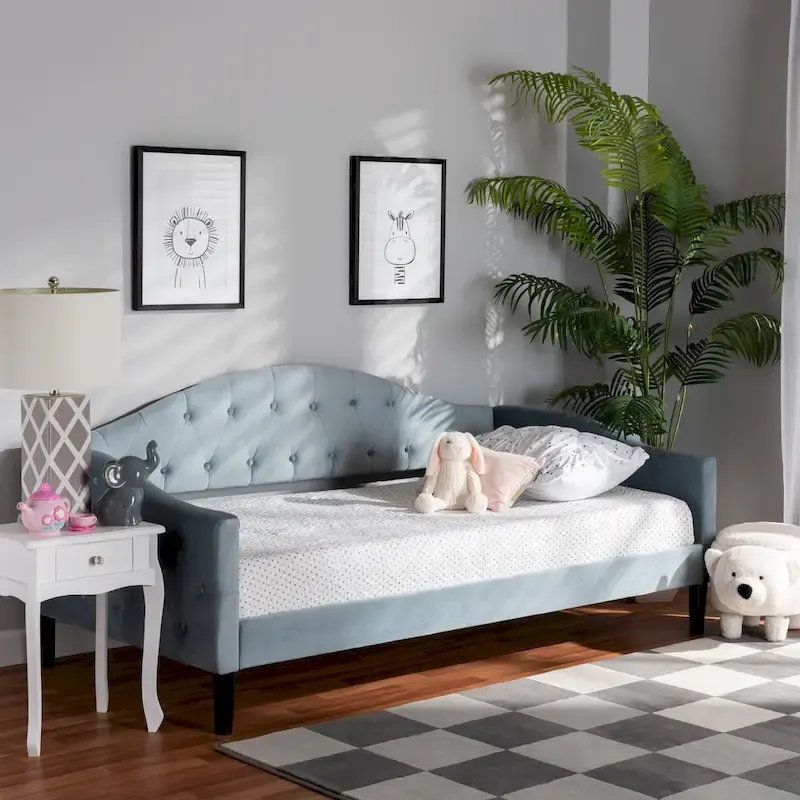 Light Blue Velvet Upholstered Daybed with Button Tufting – Single (Twin / Full)