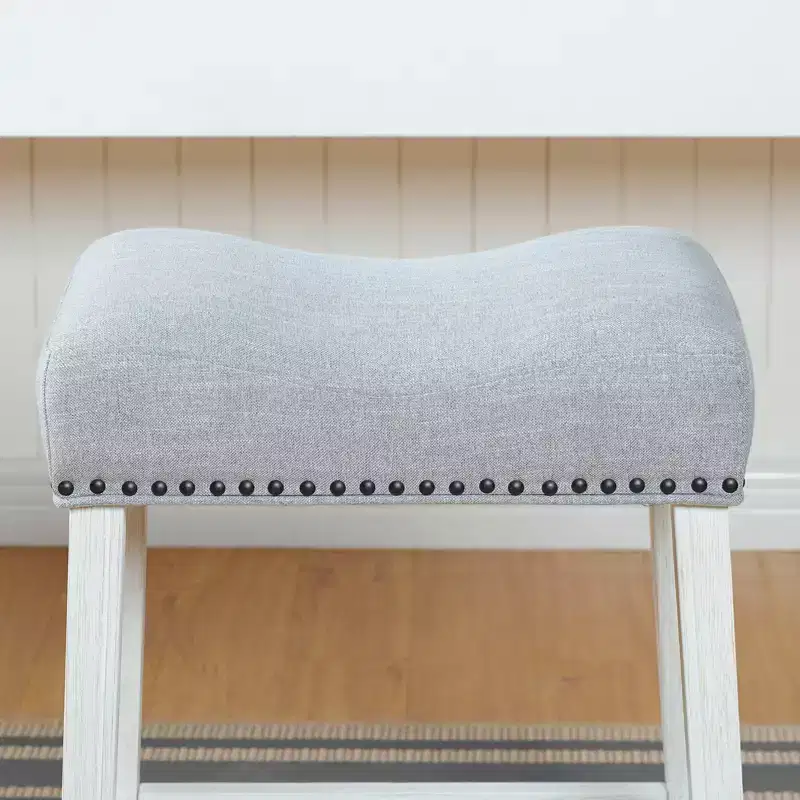 Roundhill Furniture CoCo Upholstered Counter Height Stools - Saddle Seat, White-Washed Finish, Gray Fabric, Set of 2