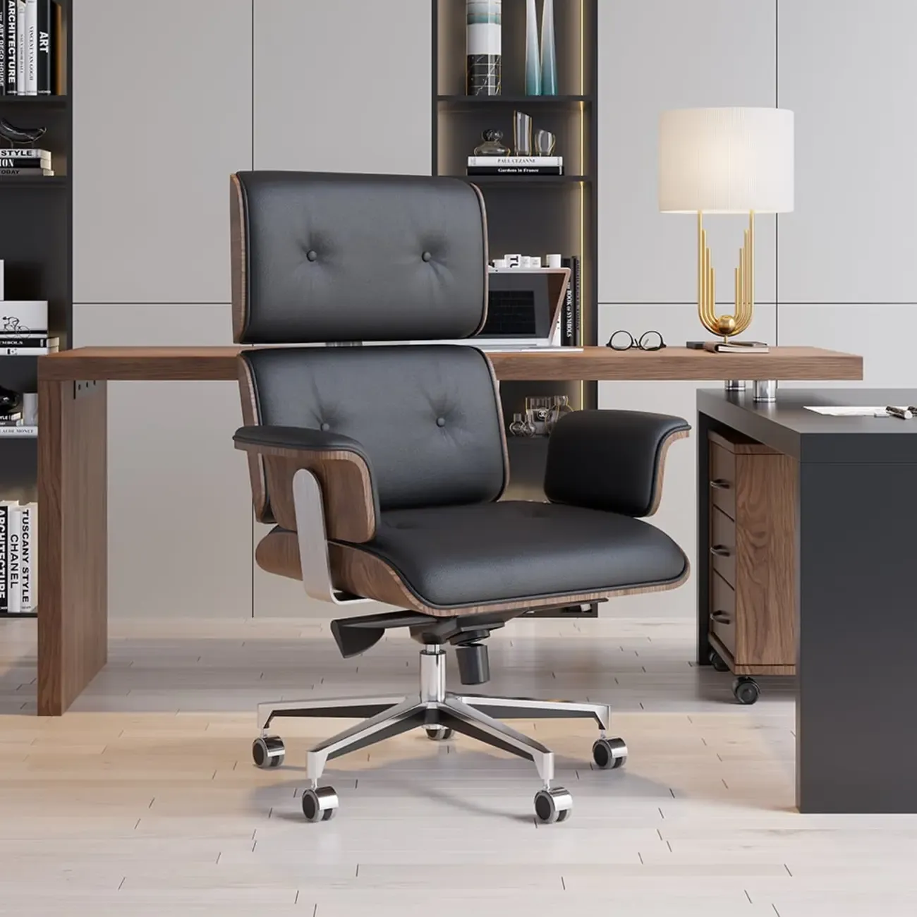Modern Wood Leather Adjustable Swivel Black Executive Chair