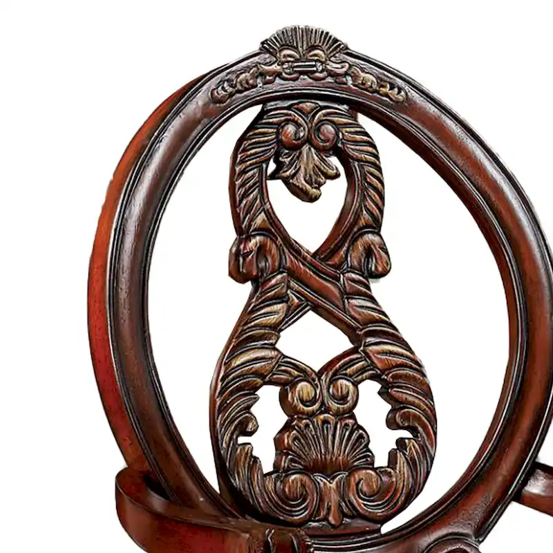 28 Inch Dining Side Chair Set of 2, Brown Wood Carved Back, Beige Fabric