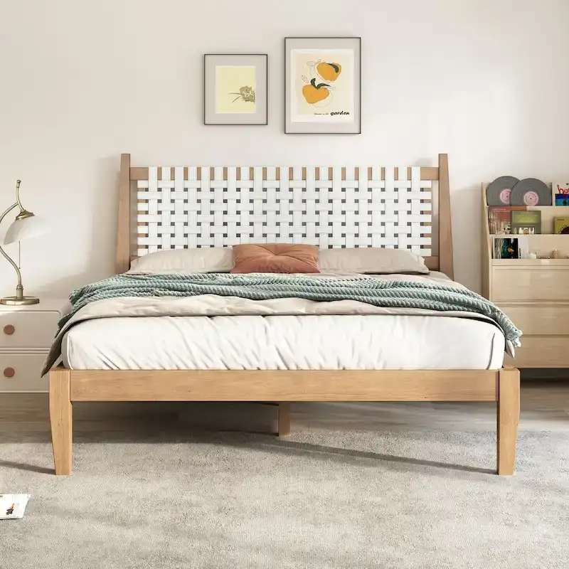 White & Natural Queen Platform Bed, Woven Faux Leather, Solid Wood, Sleeps 2