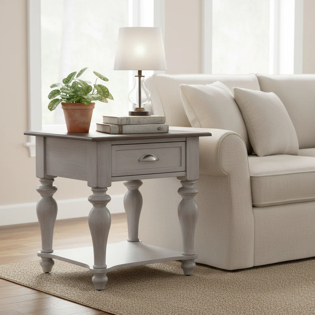 Antique White & Weathered Pine Drawer End Table
